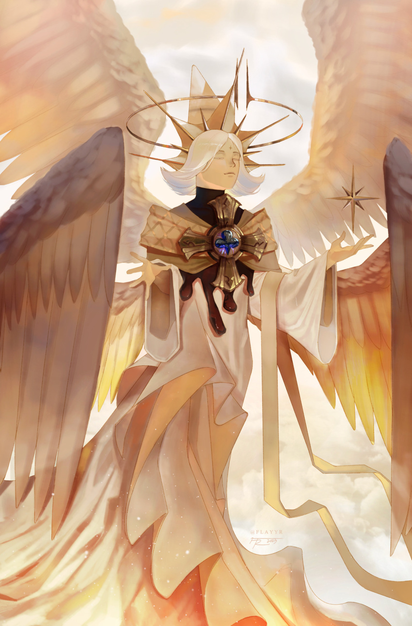 1boy, black_shirt, bob_cut, brooch, closed_eyes, colored_tips, cookie_run, cookie_run:_kingdom, cowboy_shot, facial_mark, facing_viewer, feathered_wings, flayyr, forehead_mark, hair_ornament, halo, hand_up, highres, jewelry, multicolored_hair, multiple_wings, object_floating_above_hand, outstretched_hand, personification, pure_vanilla_cookie, robe, shirt, solo, spread_fingers, white_hair, white_wings, wings