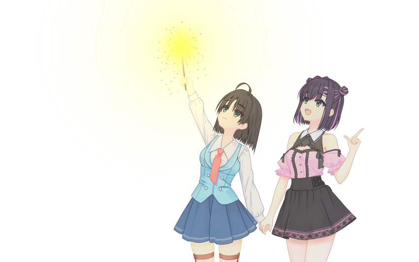2girls, :d, absurdres, ahoge, arm_up, bare_shoulders, black_hair, black_necktie