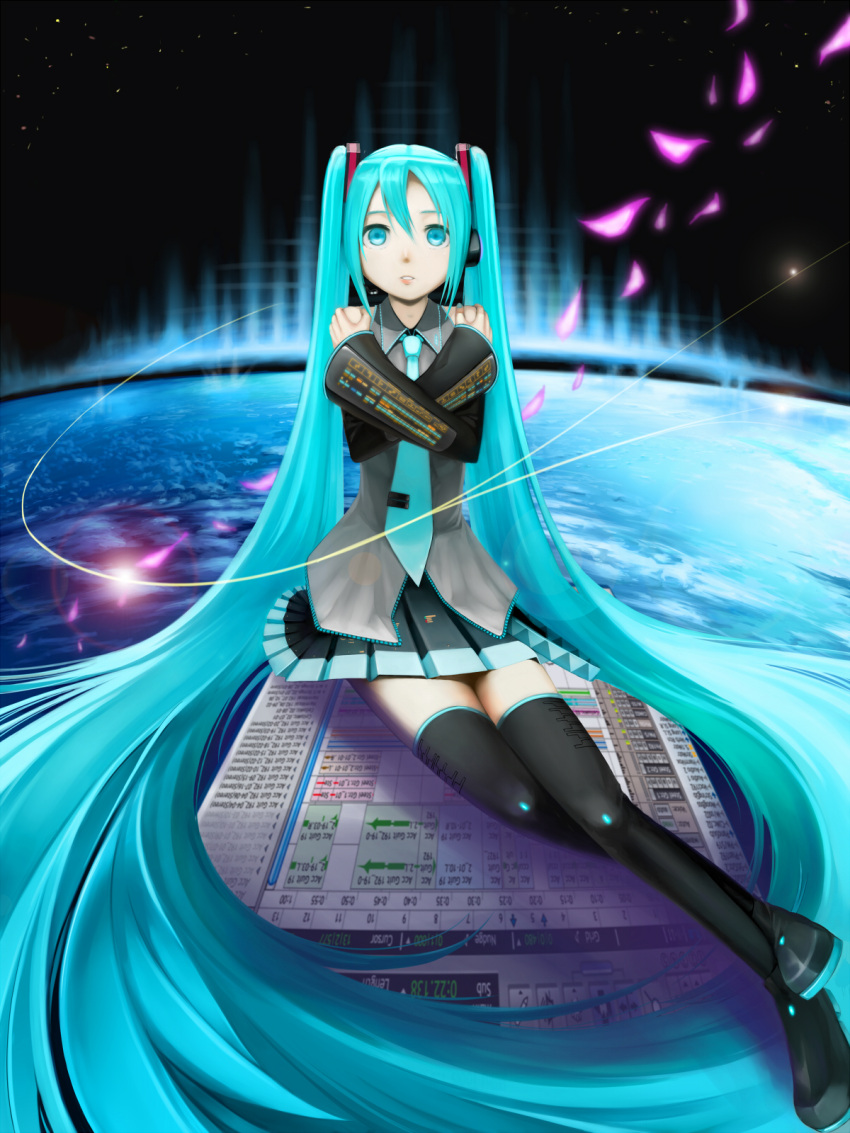1girl, aqua_eyes, aqua_hair, bad_id, crossed_arms, earth, hatsune_miku, headphones, highres, legs, long_hair, penpen, penpen_(artist), sitting, solo, space, thighhighs, twintails, very_long_hair, vocaloid, zettai_ryouiki