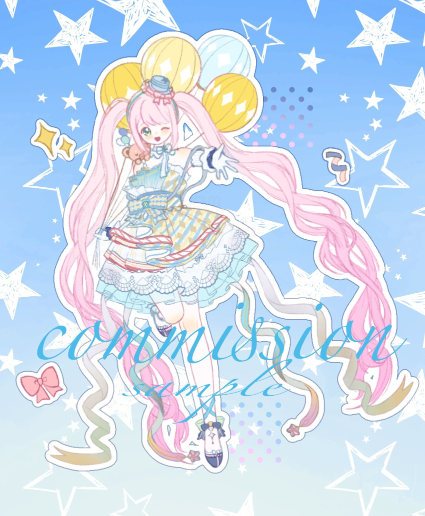 1girl, absurdly_long_hair, ankle_bow, ankle_ribbon, aqua_eyes, argyle_bow, back_ribbon, balloon