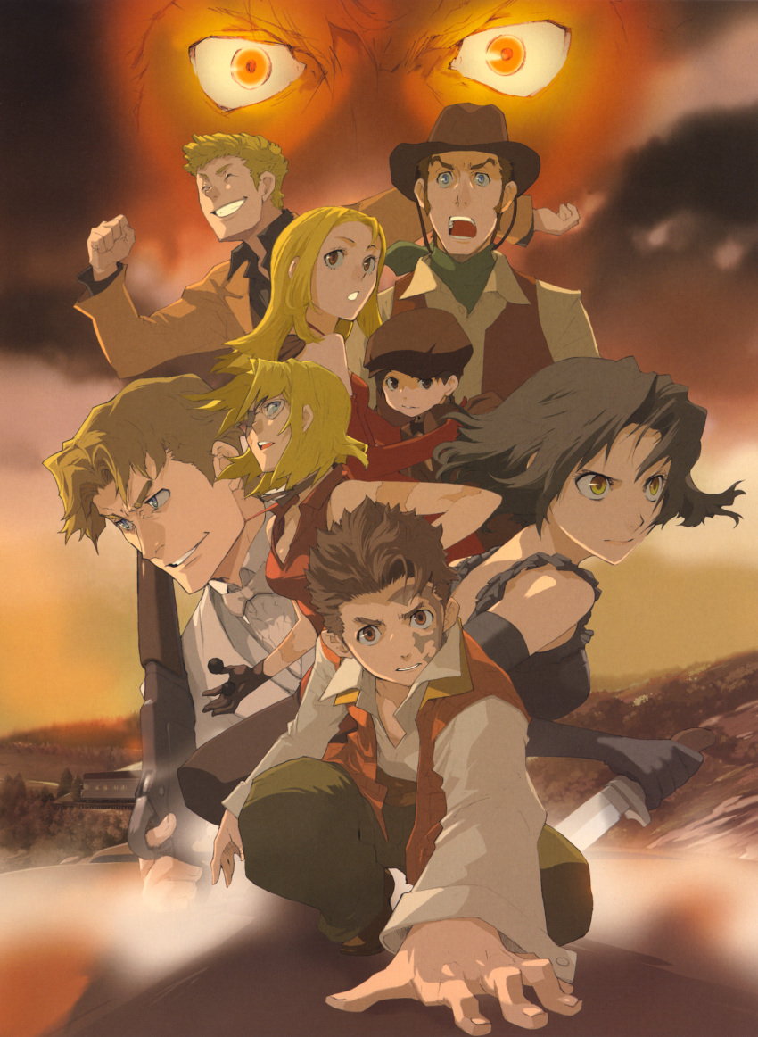 6+boys, 6+girls, baccano!, black_hair, blonde_hair, blue_eyes, brown_eyes, brown_hair, chane_laforet, child, claire_stanfield, closed_eyes, czeslaw_meyer, dagger, elbow_gloves, elmer_albatross, enami_katsumi, everyone, eyepatch, eyes_closed, glasses, gloves, gun, hat, highres, isaac_dian, jacuzzi_splot, ladd_russo, long_hair, miria_harvent, multiple_boys, multiple_girls, nice_holystone, official_art, scan, scar, short_hair, smile, tattoo, weapon, yellow_eyes
