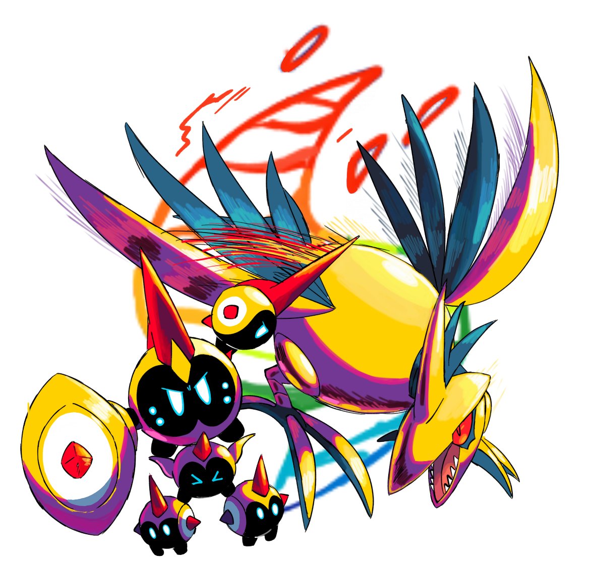 >_<, bird, colored_sclera, falinks, fangs, gold, goofygoobafish, mega_evolution