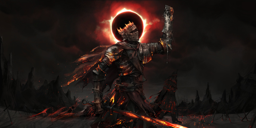 1other, arm_up, armor, burning, cape, clouds, cloudy_sky, cowboy_shot
