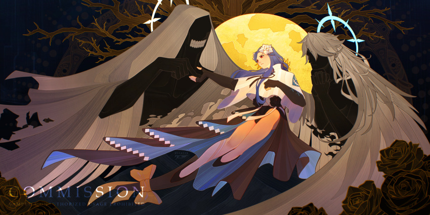 1girl, 2others, bare_tree, black_gloves, branch, capelet, cloak, dizzy_(guilty_gear)