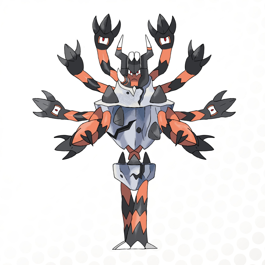 absurdres, barbaracle, claws, extra_arms, extra_eyes, full_body, highres, looking_at_viewer, madzygardecore, mega_barbaracle, mega_pokemon, no_humans, pokemon, pokemon_(creature), pokemon_focus, pokemon_legends:_z-a, self-upload, simple_background, solo, spikes, spoilers, standing, white_background