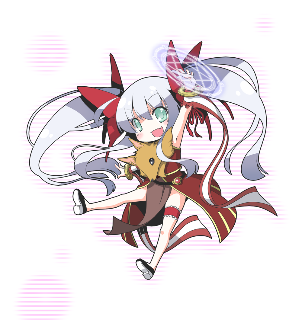 1girl, :d, animal_around_neck, arm_up, armpits, black_shoes, blush, bow