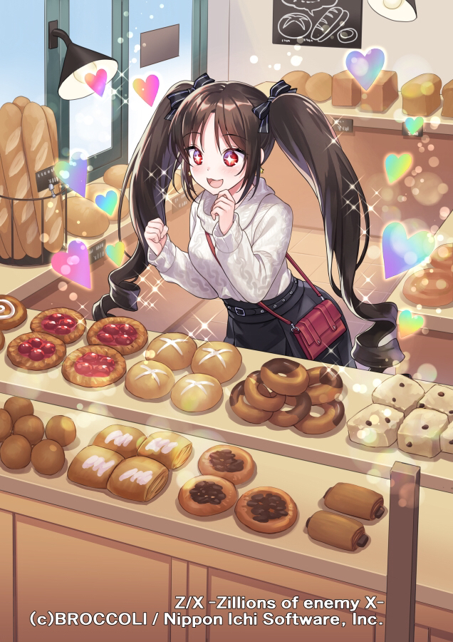 +_+, 1girl, arane_(z/x), bag, baguette, bakery, between_breasts, black_hair