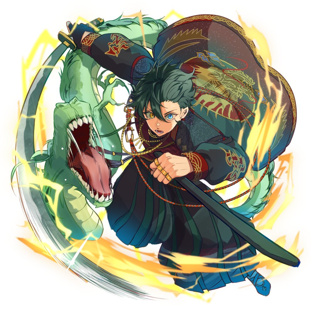 1boy, black_gloves, blue_eyes, commentary_request, dragon, ensemble_stars!, fingerless_gloves, gloves, grey_hair, hair_between_eyes, heterochromia, holding, holding_sheath, holding_sword, holding_weapon, japanese_clothes, jewelry, kagehira_mika, long_sleeves, looking_at_viewer, lower_teeth_only, male_focus, necklace, official_alternate_costume, open_mouth, ougonten_(ensemble_stars!), ring, satake_(3takeee), sheath, single_glove, solo, sword, teeth, weapon, yellow_eyes