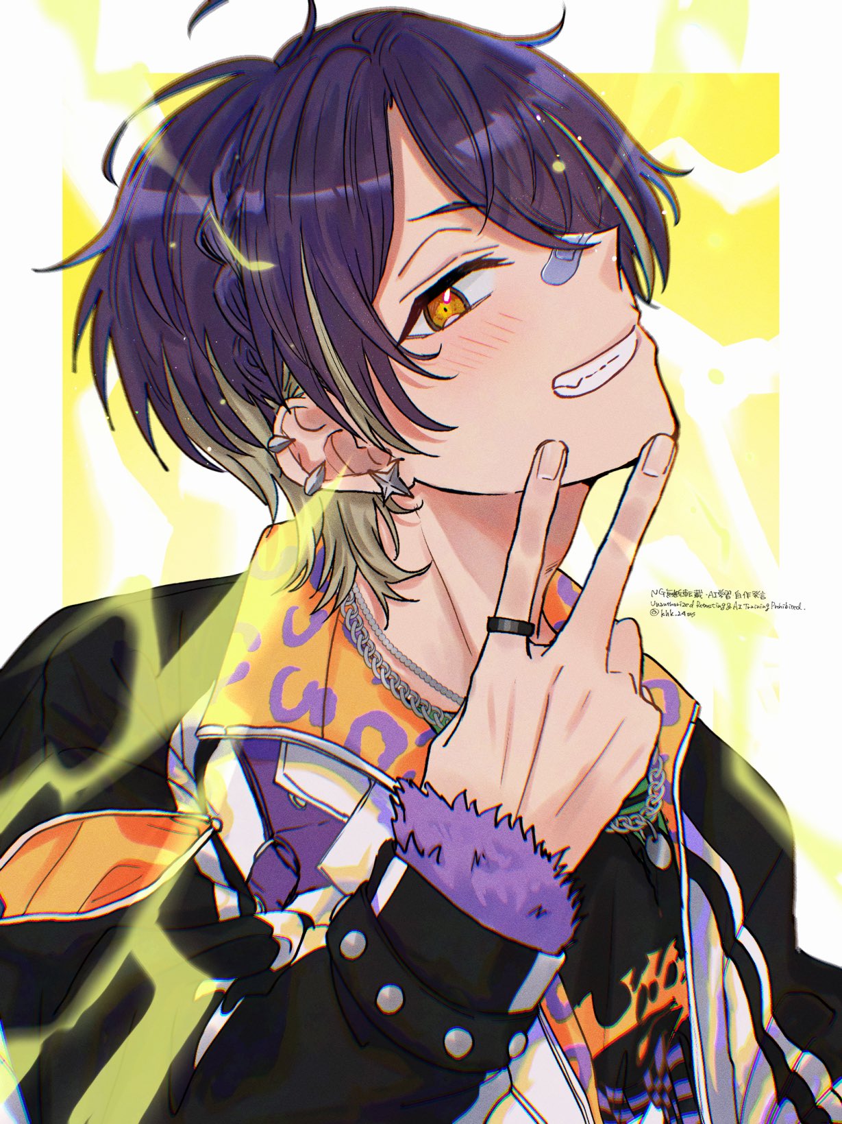 1boy, animal_print, bandaid, bandaid_on_face, bandaid_on_nose, blonde_hair, braid, chain, chain_necklace, clenched_teeth, commentary, ear_piercing, earrings, ensemble_stars!, fingernails, hand_up, highres, jacket, jewelry, khk_24ms, leopard_print, long_sleeves, looking_at_viewer, male_focus, multicolored_hair, necklace, official_alternate_costume, orange_eyes, piercing, profile, purple_hair, ring, sengoku_shinobu, single_braid, smile, solo, streaked_hair, teeth, twitter_username, two-tone_hair, upper_body, v