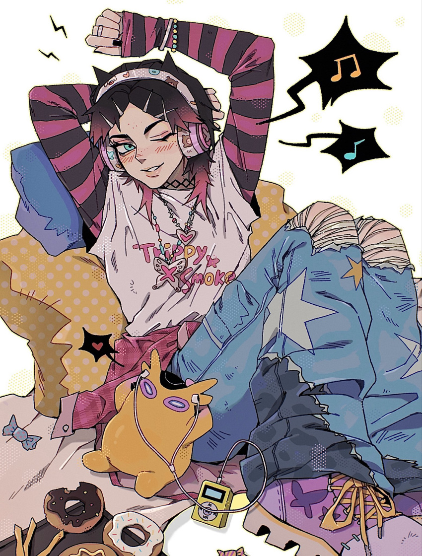 1other, arms_up, bambooshoottt, black_choker, black_nails, blue_eyes, blush, bug