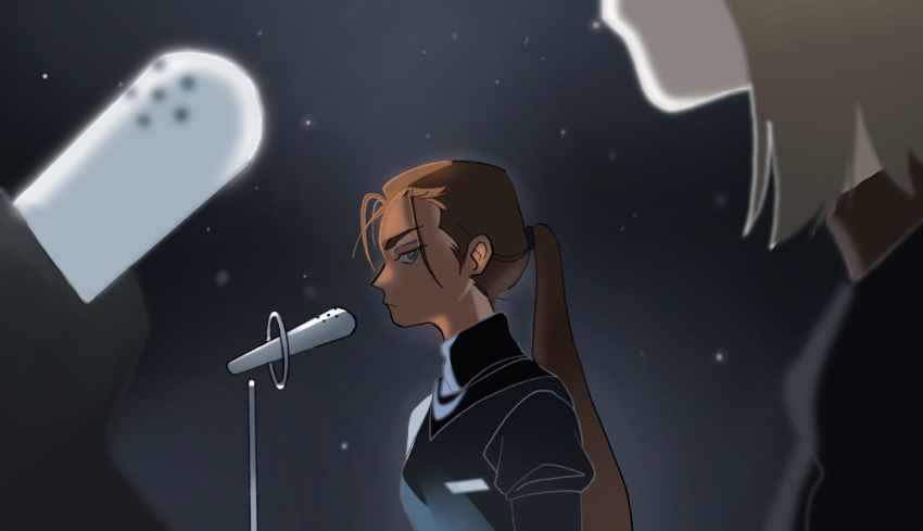 1boy, 1girl, alien_stage, black_shirt, brown_hair, commentary, dark-skinned_female, dark_skin