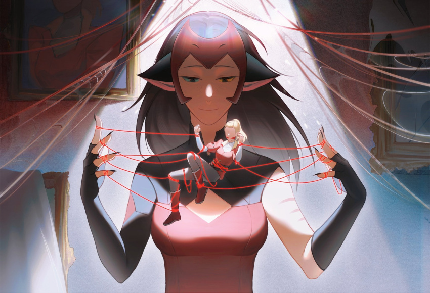 2girls, adora_(she-ra), animal_ears, asymmetrical_gloves, black_eyes, black_hair, blonde_hair, blue_sclera