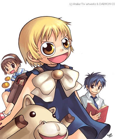 1girl, 2boys, animal, aqua_bow, aqua_bowtie, archived_source, artist_name, backpack