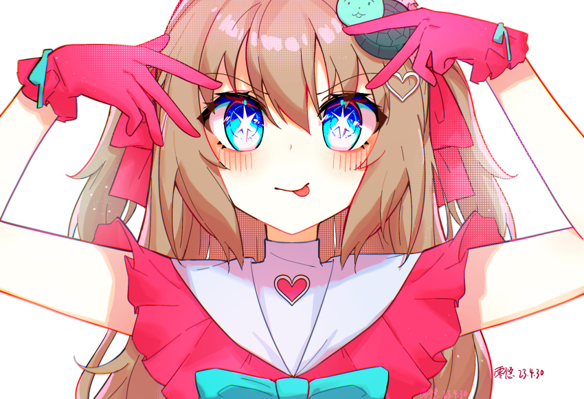 1girl, aqua_bow, aqua_bowtie, blue_eyes, bow, bowtie, brown_hair, closed_mouth, commentary_request, cosplay, double_inward_v, dress, gloves, hair_between_eyes, hair_ornament, hair_ribbon, heart, heart_hair_ornament, highres, hoshino_ai, hoshino_ai_(cosplay), idol_clothes, long_hair, neuro-sama, pink_dress, pink_gloves, pink_ribbon, pose_imitation, ribbon, side-seamed_gloves, signature, solo, star-shaped_pupils, star_(symbol), symbol-shaped_pupils, tongue, tongue_out, turtle_hair_ornament, upper_body, user_hmyv8473, vedal_ai, virtual_youtuber, white_background