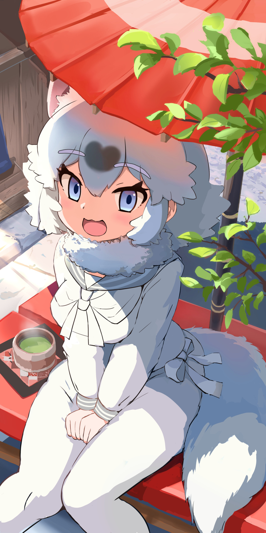 1girl, :3, absurdres, animal_ears, baggy_pants, bench, blue_eyes, blush