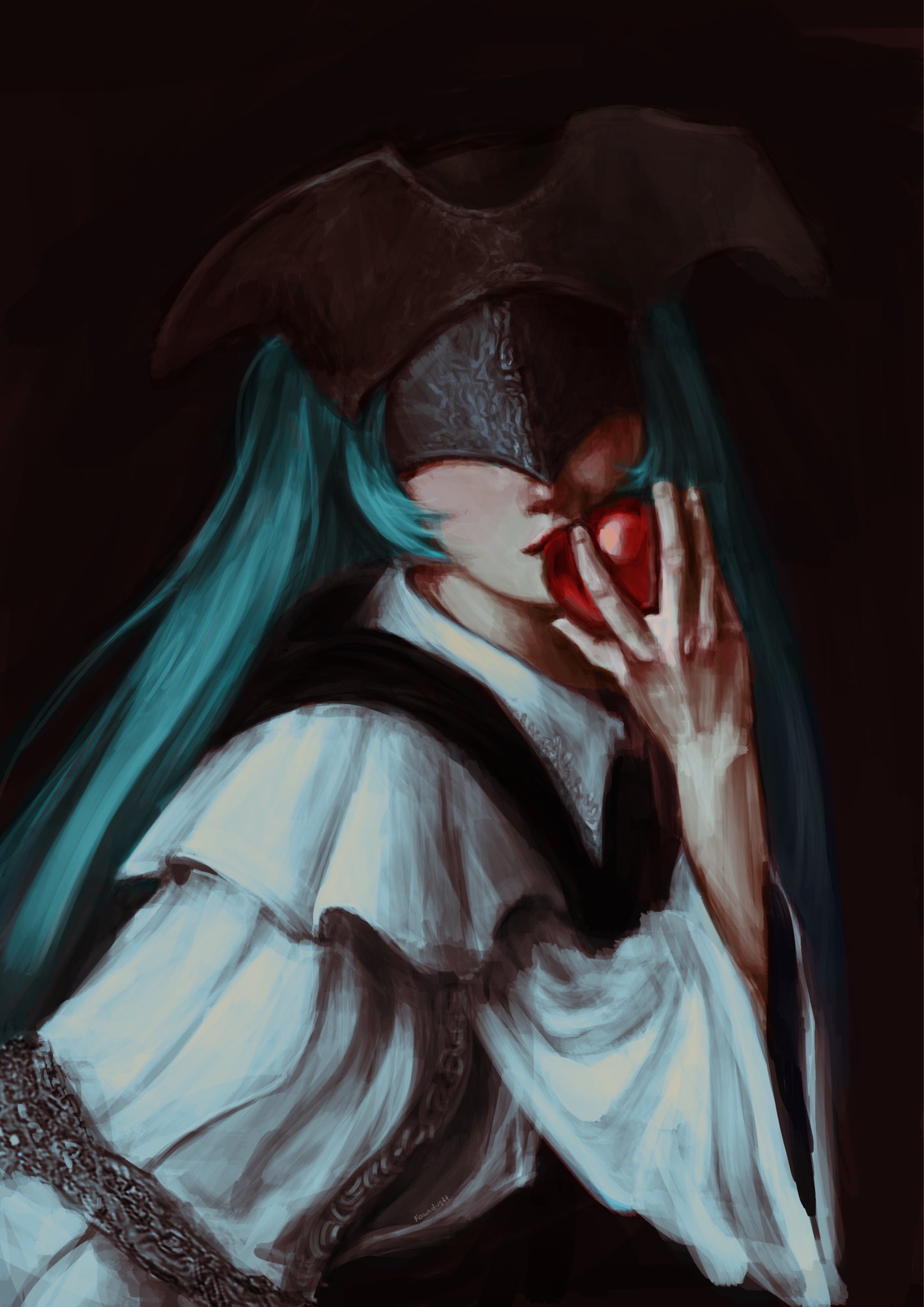 1girl, apple, aqua_hair, blindfold_mask, bloodborne, commentary, cosplay, english_commentary, facing_viewer, food, fruit, hatsune_miku, highres, holding, holding_food, holding_fruit, koninjinn, long_hair, mask, robe, solo, twintails, vocaloid, white_robe, yurie_the_last_scholar, yurie_the_last_scholar_(cosplay)