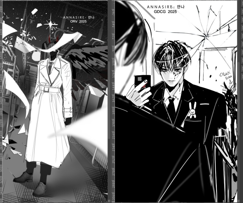 annasire, art_program_in_frame, black_hair, black_shirt, black_wings, blurry, blurry_foreground, broken_glass
