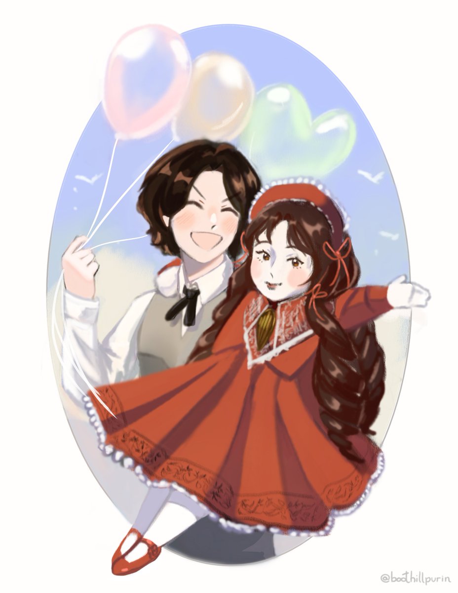 1boy, 1girl, :d, ^_^, balloon, boothillpurin, brown_hair, carrying