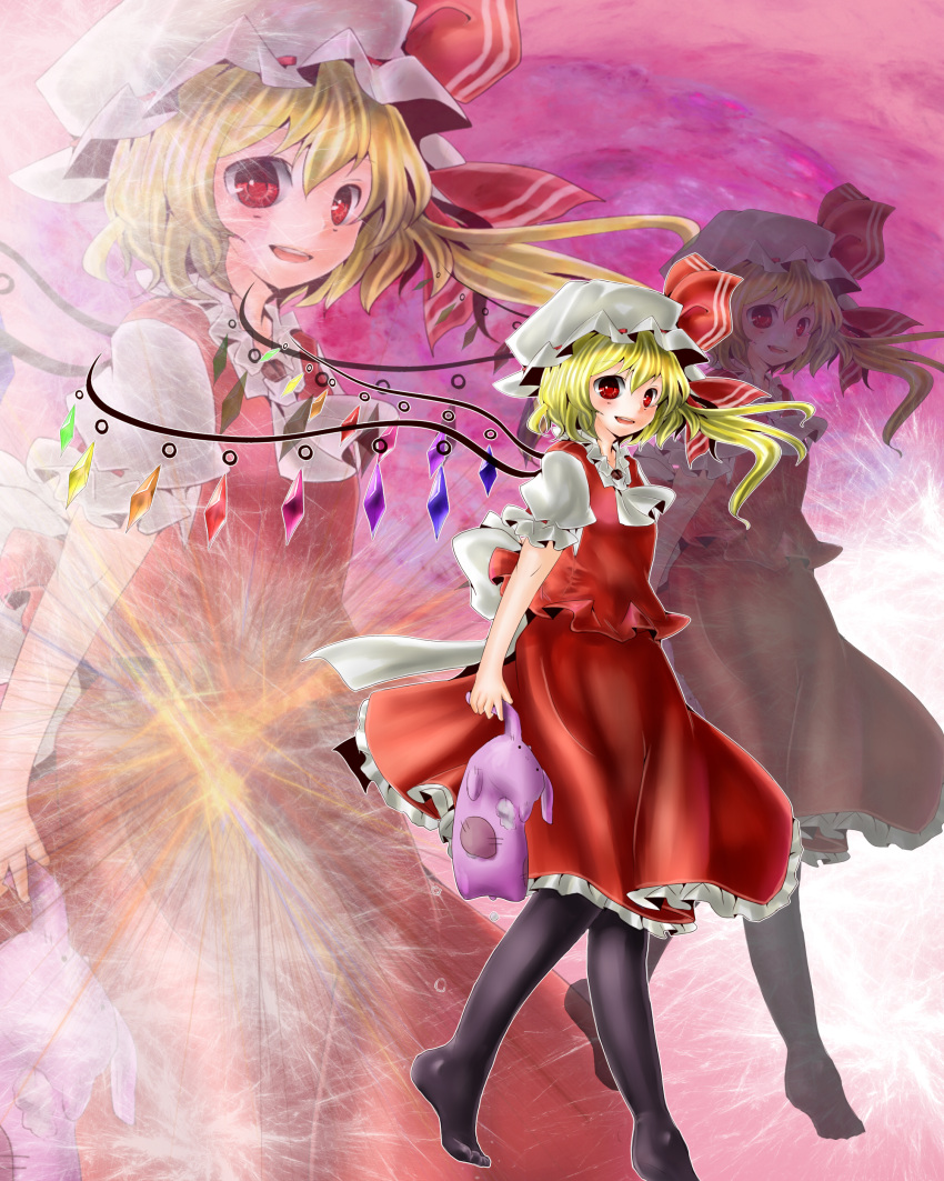 absurdres, ascot, bat_wings, black_legwear, blonde_hair, broken, crystal, derivative_work