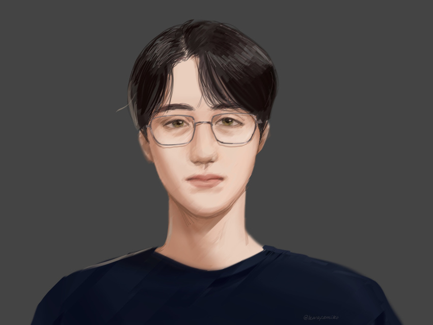 1boy, absurdres, asian, black_hair, blue_shirt, closed_mouth, glasses, grey_background
