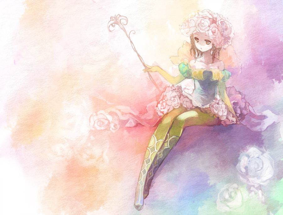 akr_et, bare_shoulders, boots, brown_eyes, brown_hair, brown_legwear, curly_hair, flower