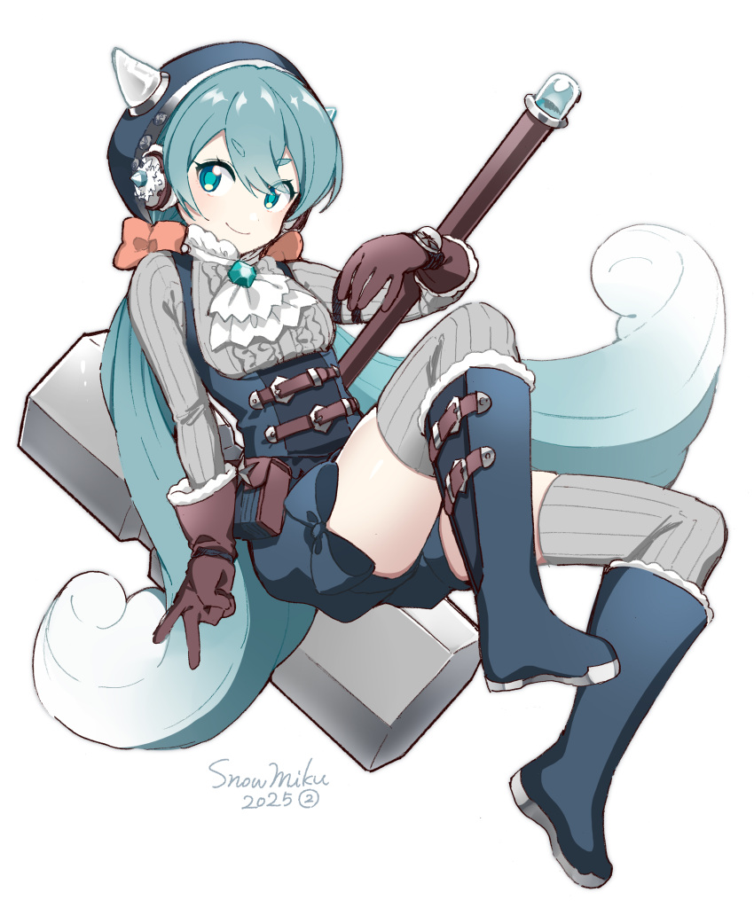 1girl, absurdres, agonasubi, aqua_eyes, aqua_hair, belt, blue_boots, blue_dress, blue_hood, boots, brown_gloves, character_name, commentary, compass, crystal, dress, fake_horns, full_body, fur-trimmed_gloves, fur_trim, gloves, grey_shirt, grey_thighhighs, hammer, hatsune_miku, headphones, highres, hikimayu, hood, horned_hood, horns, invisible_chair, jewelry, knee_boots, long_hair, neckerchief, ribbed_shirt, ribbed_thighhighs, shirt, simple_background, sitting, skindentation, smile, solo, thigh-highs, twintails, v, v-shaped_eyebrows, very_long_hair, vocaloid, waist_bag, war_hammer, wavy_hair, weapon, white_background, white_neckerchief, wrist_compass, yuki_miku, yuki_miku_(2025)_(candidate_no.2)