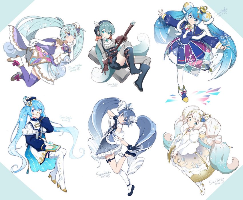 6+girls, agonasubi, aqua_eyes, aqua_hair, belt, beret, black_hair, blue_boots