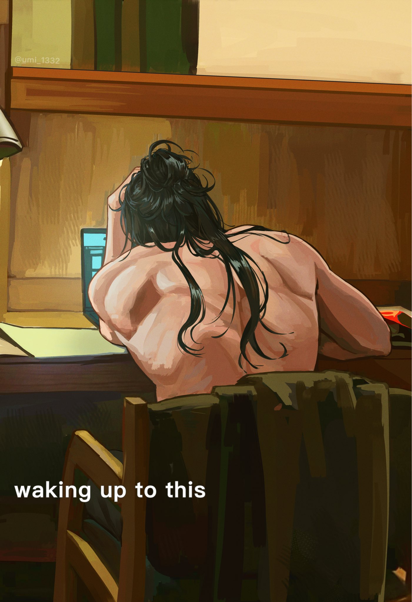 1boy, back, black_hair, computer, english_commentary, from_behind, getou_suguru, hair_bun, highres, jujutsu_kaisen, laptop, long_hair, male_focus, meme, short_hair, sitting, solo, topless_male, twitter_username, umi_1332, waking_up_to_this_(meme)