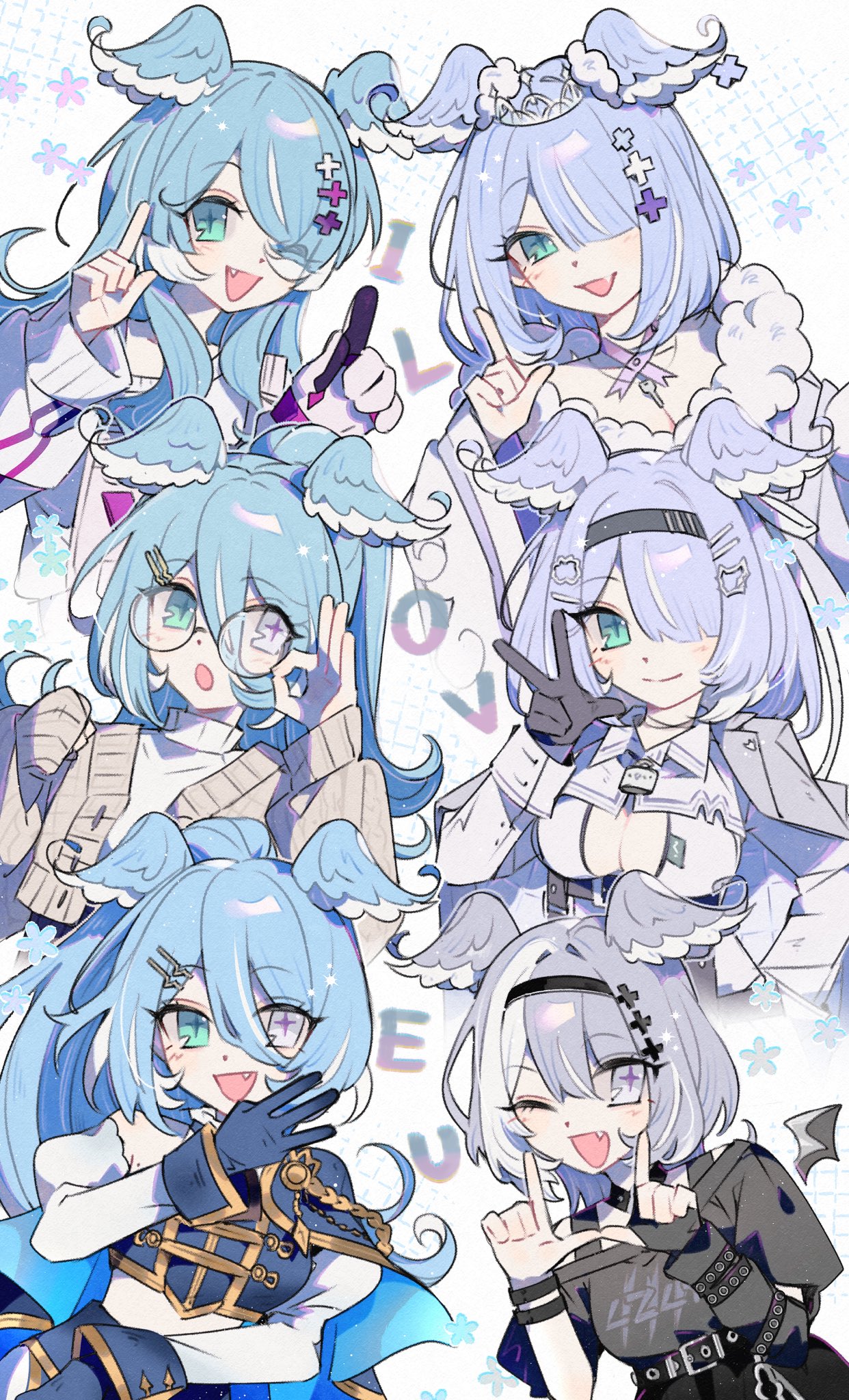 1girl, :d, :o, aqua_eyes, blue_hair, cross-shaped_pupils, cube_iceeh, elira_pendora