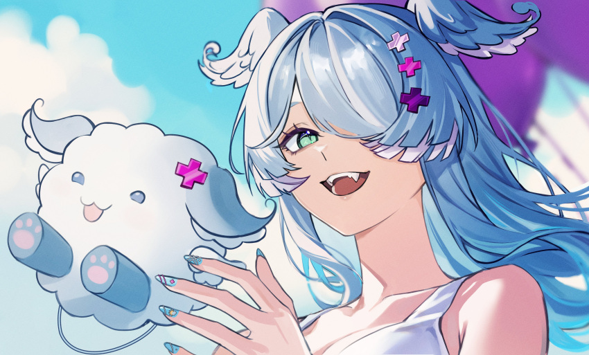1girl, :d, absurdres, aqua_eyes, aqua_nails, balloon, blue_hair, blue_sky
