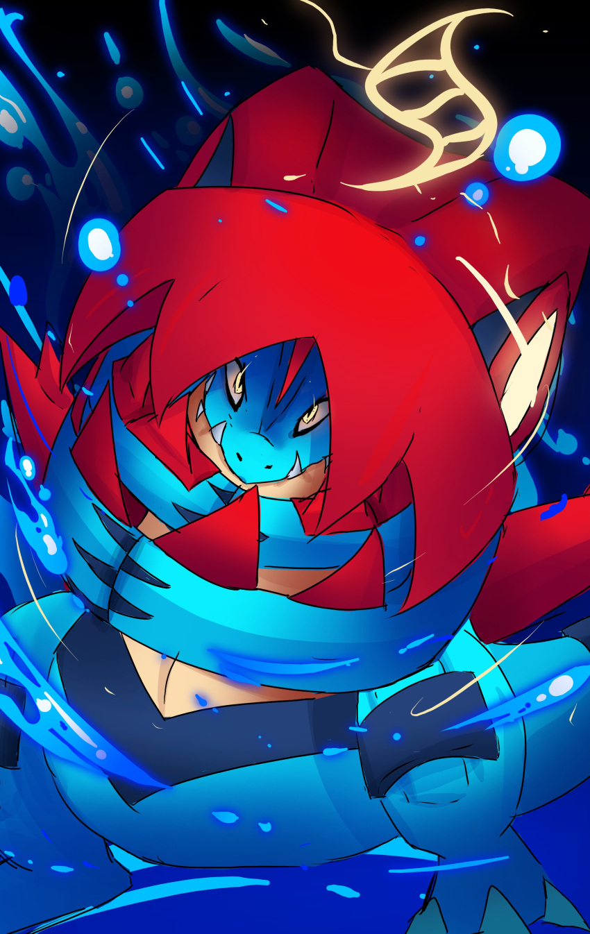 absurdres, bones_dio, closed_mouth, fangs, feraligatr, highres, looking_at_viewer, mega_evolution_symbol, mega_feraligatr, mega_pokemon, no_humans, pokemon, pokemon_(creature), pokemon_focus, pokemon_legends:_z-a, sharp_teeth, spoilers, teeth, water, yellow_eyes
