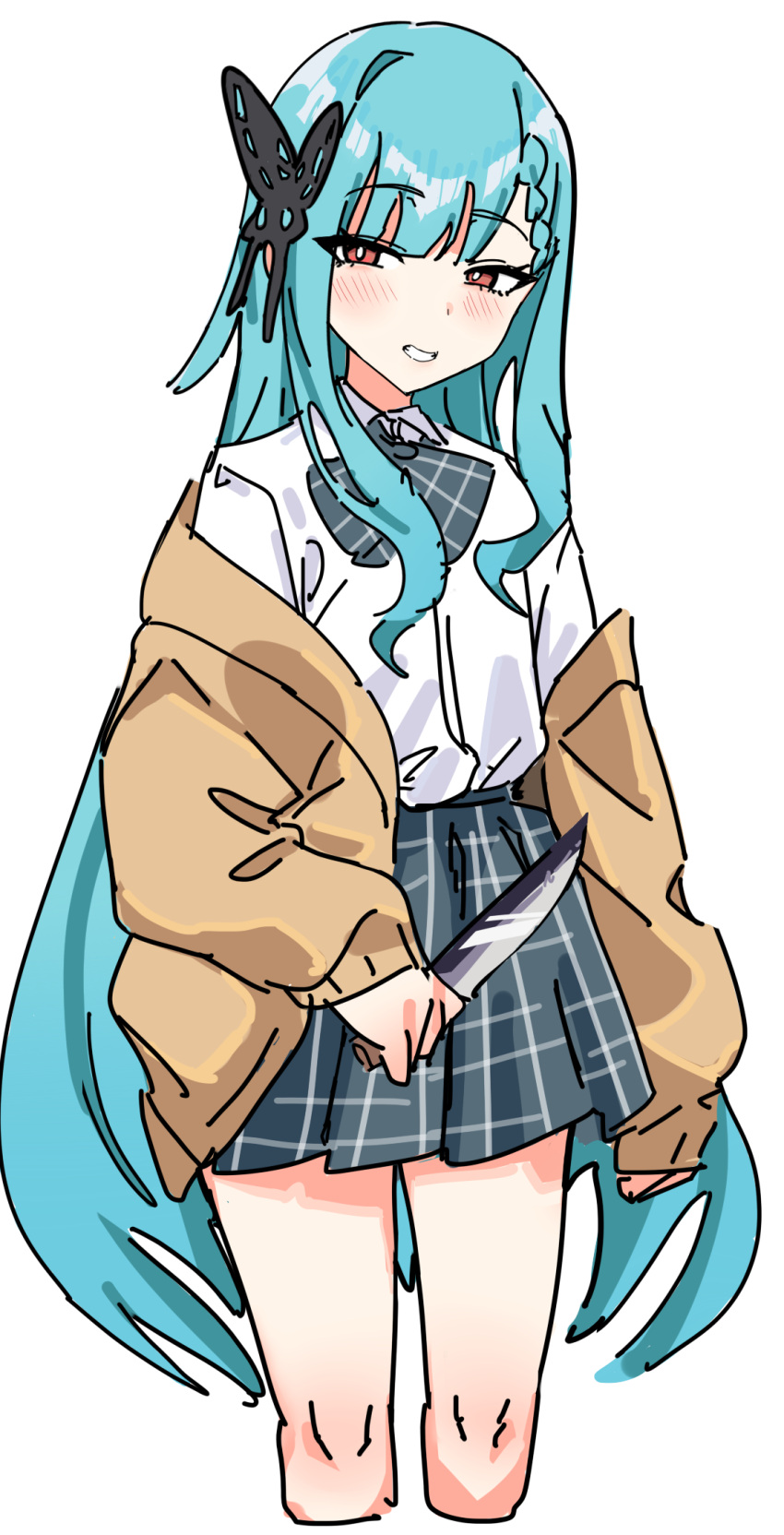 1girl, 61206jeff, blue_skirt, brown_cardigan, butterfly_hair_ornament, cardigan, closed_mouth, green_hair