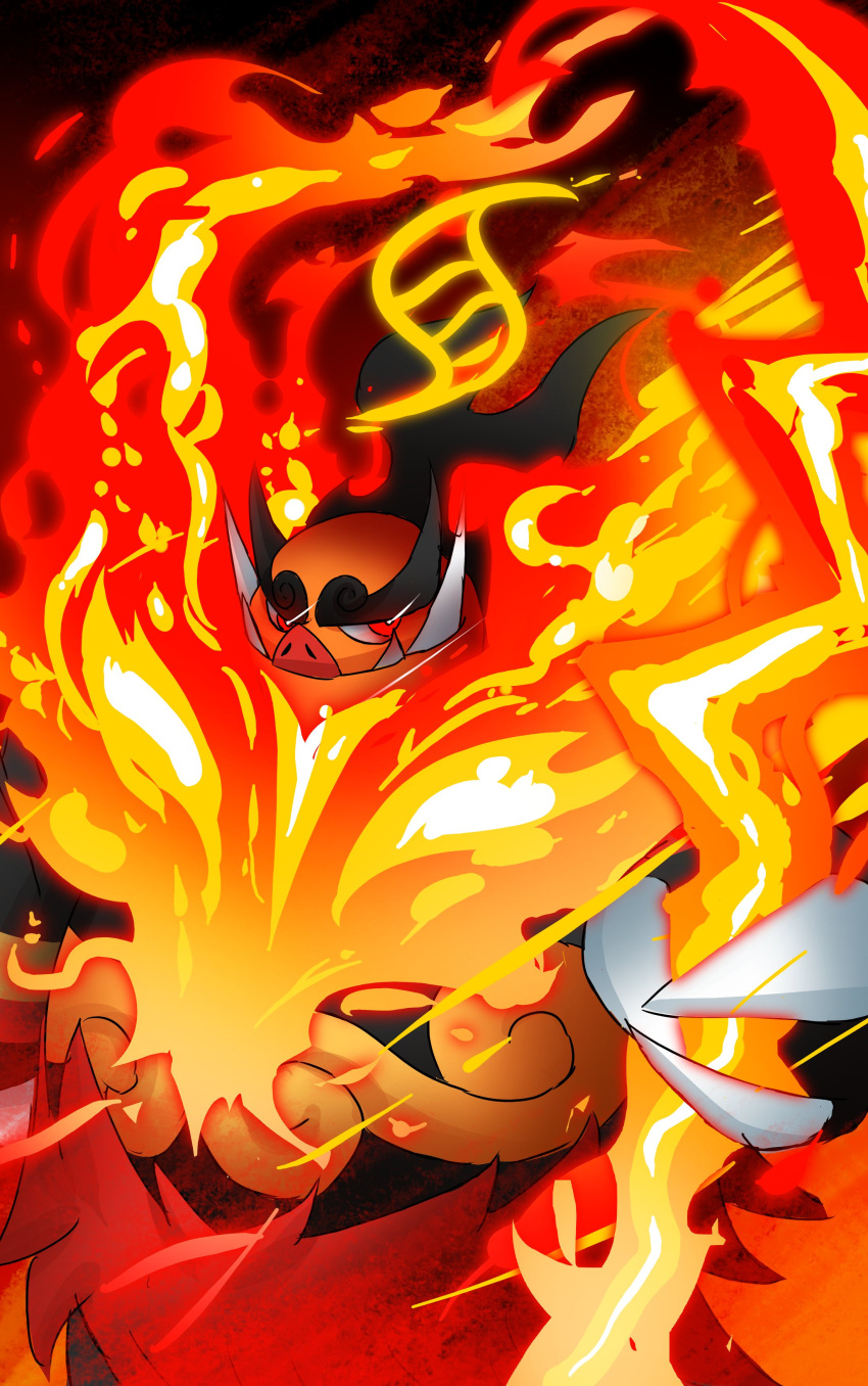 absurdres, bones_dio, claws, closed_mouth, emboar, fangs, fire, flaming_weapon