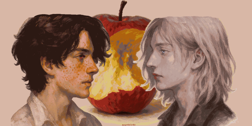 2boys, absurdres, apple, bitten_apple, black_hair, black_shirt, blue_eyes, closed_mouth