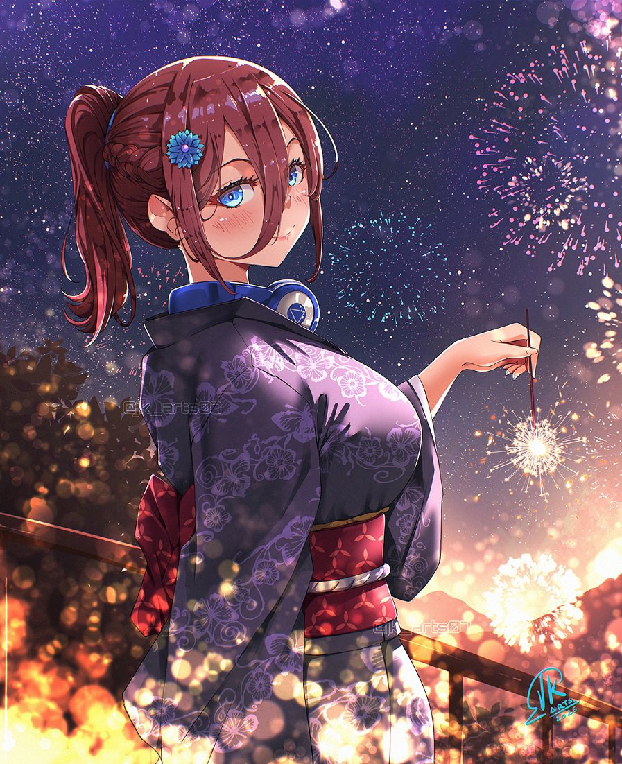 1girl, blue_eyes, blush, breasts, fireworks, floral_print, floral_print_kimono, go-toubun_no_hanayome