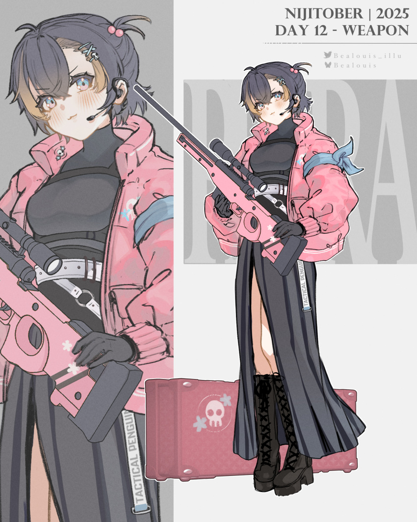 1girl, absurdres, ai_arctic_warfare, arm_ribbon, artist_name, beads, bealouis_illu, black_boots