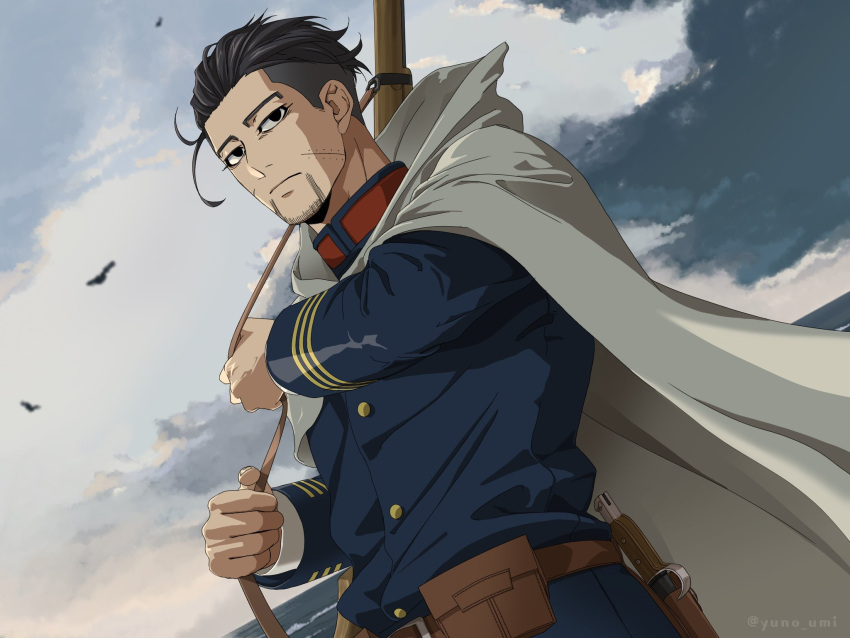 1boy, bag, black_eyes, black_hair, blue_jacket, cloak, closed_mouth, clouds