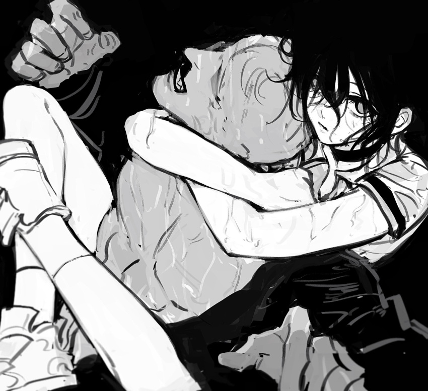 1boy, 1girl, chainsaw_man, choker, greyscale, hair_between_eyes, highres, jacket