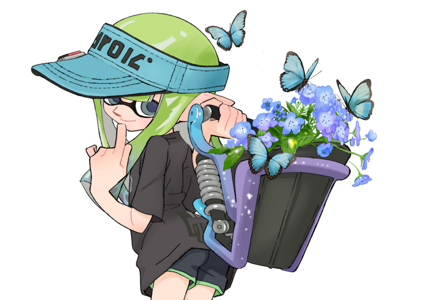 1girl, absurdres, aqua_hat, ass, black_shirt, black_shorts, blue_butterfly, blue_flower