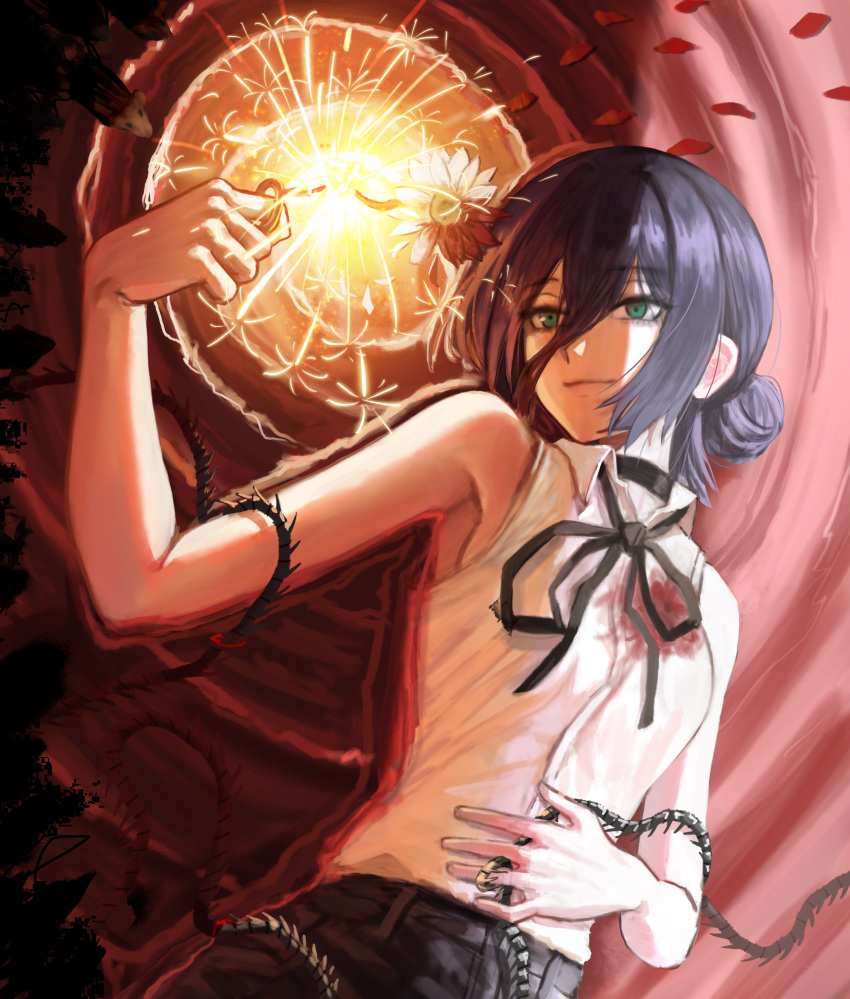 1girl, absurdres, black_choker, black_hair, black_ribbon, blood, blood_on_clothes, chainsaw_man