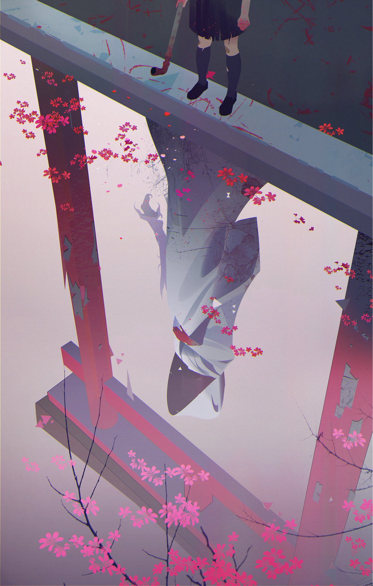 aruksyu, black_serafuku, black_socks, blood, different_reflection, dual_persona, highres, holding, holding_lead_pipe, japanese_clothes, kimono, lead_pipe, reflection, reflective_water, school_uniform, serafuku, shimizu_hinako, shiromuku, shiromuku_(silent_hill), silent_hill_(series), silent_hill_f, skirt, socks, torii, uchikake