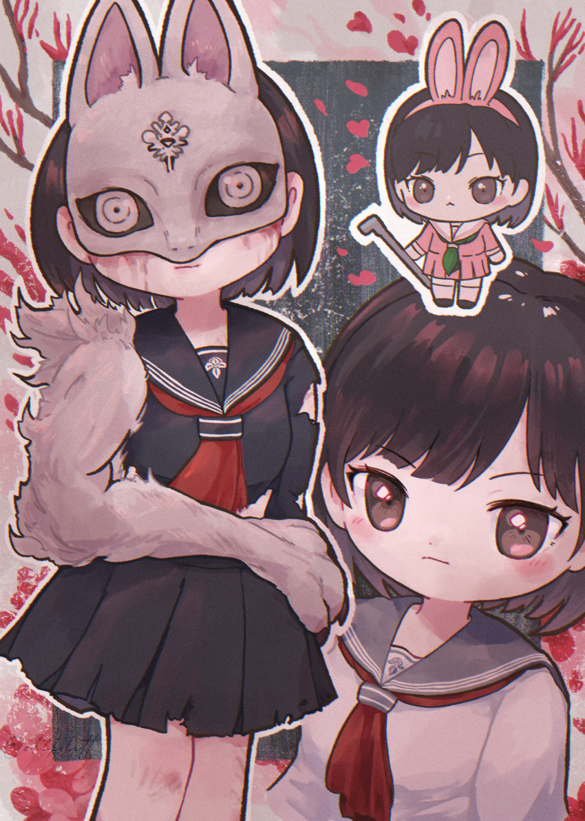 absurdres, animal_ear_hairband, animal_ears, black_hair, black_serafuku, chibi, chikolett, fake_animal_ears, fox_hinako, fox_mask, hairband, highres, holding, holding_lead_pipe, lead_pipe, mask, mismatched_arms, multiple_views, neckerchief, pink_serafuku, pink_skirt, pleated_skirt, red_neckerchief, school_uniform, serafuku, shimizu_hinako, shimizu_hinako_(pink_rabbit_costume), shimizu_hinako_(white_sailor_school_uniform), silent_hill_(series), silent_hill_f, skirt, torn_clothes, white_serafuku