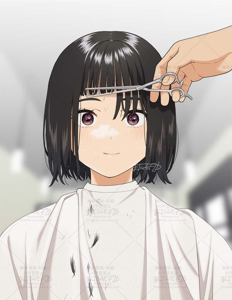 1girl, 1other, artist_name, asymmetrical_bangs, black_hair, blurry, blurry_background, blush, bob_cut, brown_eyes, cape, closed_mouth, commentary, cutting_another's_hair, cutting_hair, depth_of_field, detached_hair, disembodied_hand, eyelashes, holding, holding_scissors, light_smile, looking_at_viewer, loose_hair_strand, mattaku_mousuke, nervous_smile, original, raised_eyebrows, scissors, short_hair, signature, smile, straight-on, watermark, watermark_grid, wet, wet_hair, white_cape, wide-eyed