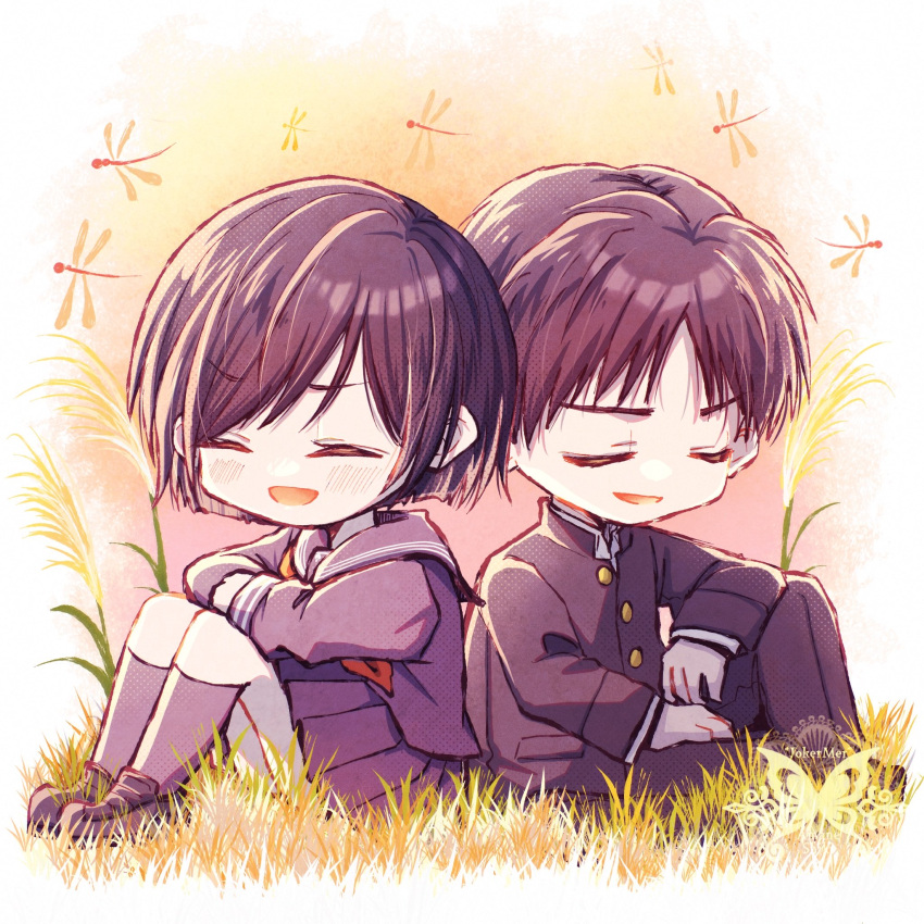 1boy, 1girl, black_hair, black_jacket, black_serafuku, black_socks, bug, closed_eyes