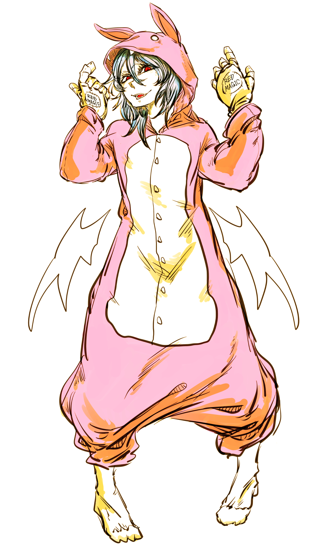 1girl, animal_ears, bat_wings, fake_animal_ears, gloves, hands_up, highres, hooded_overalls