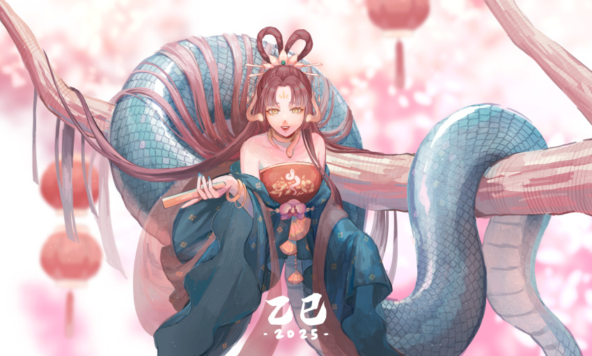 1girl, absurdres, aqua_kimono, aqua_nails, bare_shoulders, breasts, highres, japanese_clothes