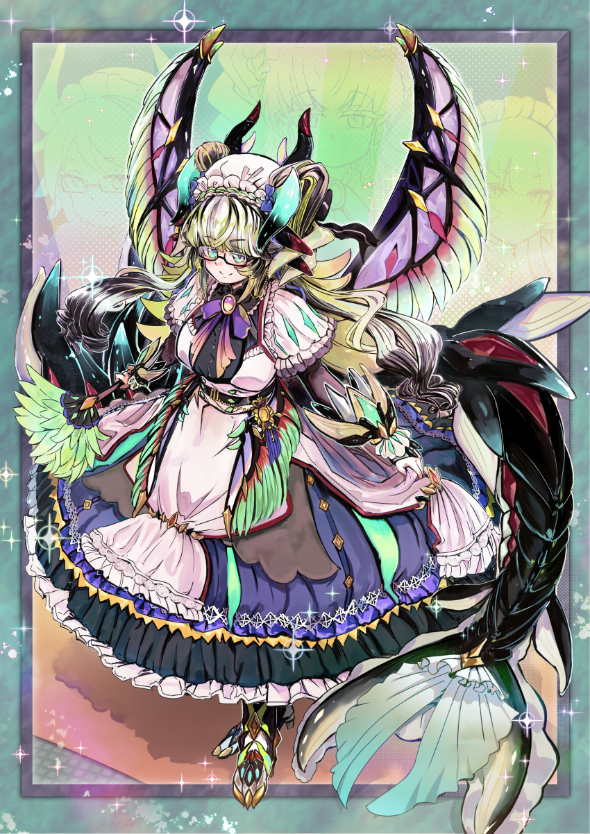 4girls, absurdres, apron, black_hair, blonde_hair, blush, breasts, chamber_dragonmaid, closed_mouth, commission, dragon_girl, dragon_horns, dragon_tail, drawstring, duel_monster, duster, feathered_wings, frilled_apron, frills, fusion, glasses, green_eyes, hair_between_eyes, highres, holding, horns, house_dragonmaid, icarus_(2010741), lady's_dragonmaid, large_breasts, long_hair, long_sleeves, looking_at_viewer, maid_apron, multicolored_hair, multiple_girls, pixiv_commission, polymerization, puffy_long_sleeves, puffy_sleeves, smile, tail, very_long_hair, white_apron, wings, yu-gi-oh!