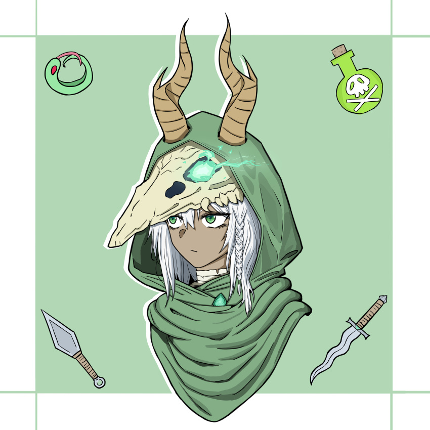 1girl, absurdres, alxen, animal_skull, bandages, braid, chinese_commentary, cloak, commentary_request, dagger, dark-skinned_female, dark_skin, glowing, glowing_eye, green_background, green_cloak, green_eyes, highres, knife, simple_background, skull_and_crossbones, skull_on_head, slay_the_spire, snake, solo, the_silent_(slay_the_spire), weapon, white_hair