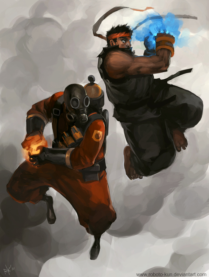 capcom, crossover, dougi, epic, fingerless_gloves, fire, gas_mask, gloves, hadouken, headband, helmet, multiple_boys, robert_kim, ryuu_(street_fighter), street_fighter, team_fortress_2, the_pyro, valve_software, watermark