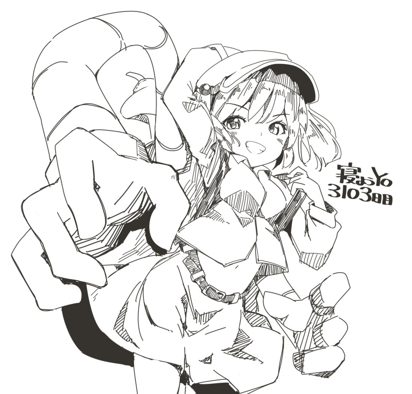 1girl, backpack, bag, belly_button, belt, blush, breasts, cactas7, exposed_bellybutton, flat_cap, grin, hair_bobbles, hair_ornament, hat, highres, kawashiro_nitori, looking_at_viewer, mechanical_arms, medium_breasts, monochrome, navel, smile, solo, teeth, touhou, upper_body